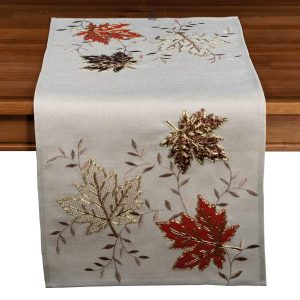 Tafelloper – Herfstbladeren – Ecru – Bruin – rood – brons – bladeren – gouddraad applicatie – 90 x 40 cm
